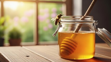 Honey in a Glass Jar with Dipper.