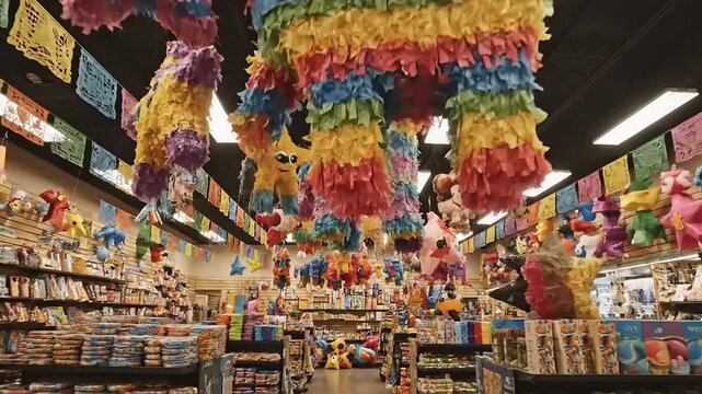 Colorful Pinatas Hanging in Party Supply Store.