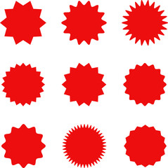 Set of sale sticker, price tag, starburst, sunburst badges, quality mark, sunburst badges, retro stars. Wavy edge. Star burst shape. Promo stickers with star edges. Sale or discount. Vector or PNG 