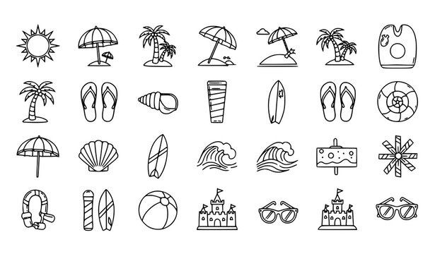 Hand Drawn Beach Icons Pack with Summer Symbols Vector Collection Isolated Elements