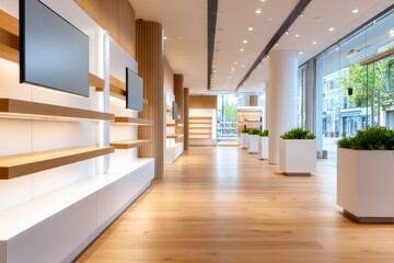 Obraz premium Modern Store Display Wall with Fully Powered Shelving and Clean Aesthetic