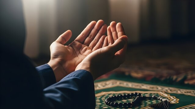 A symbolic close-up image of hands raised in prayer, representing faith and spirituality during Ramadan.