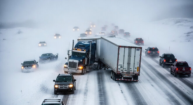 Heavy snowstorm on a multi-lane highway with traffic