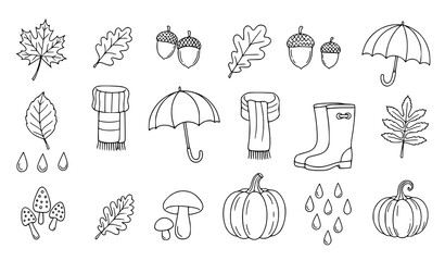 Hand Drawn Autumn Doodle Icon Set with Falling Leaves Umbrella and Fall Season Outline Elements Vector © Lipi