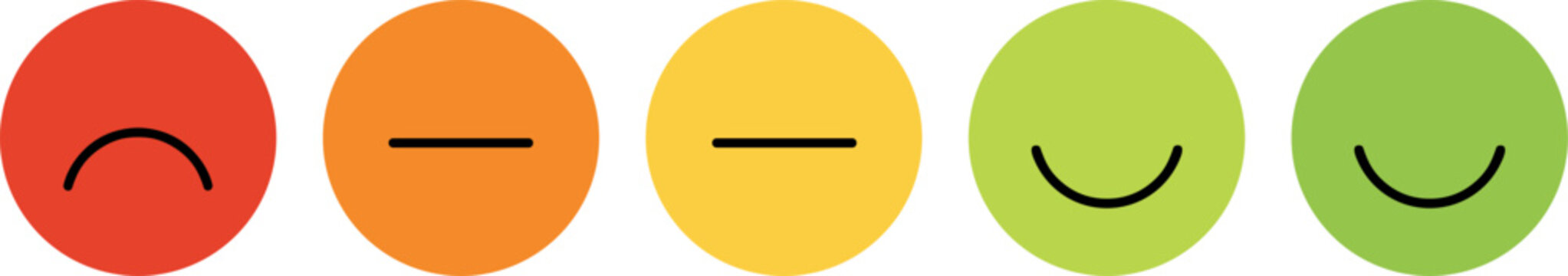Horizontal set of five color-coded sentiment emoji icons in a minimalist flat vector style for user feedback,