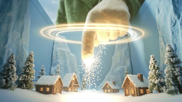 Illuminated snow spreads over cottages. Winter scene with glowing windows and falling snow. Cinematic portrayal of holiday magic with shimmering snow and warm interior lights