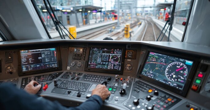 Operator Control Panel of a Train with Driving View and Digital Displays
