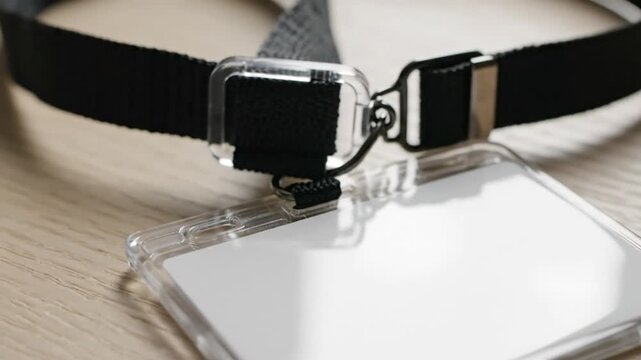 Blank ID badge holder with black lanyard on wooden table