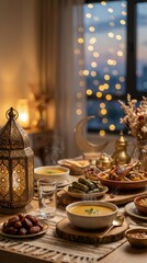 Elegant Ramadan Iftar Table with Lantern and Dates, Warm Spiritual Atmosphere