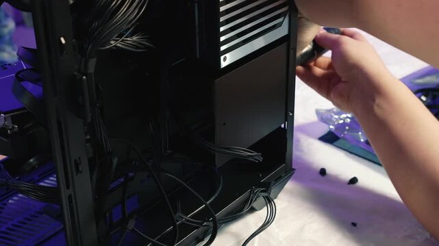 Unscrewing the metal cage for mounting SSD and HDD drives using a screwdriver on the back side of the case
