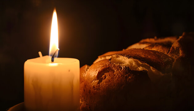 Warm candlelight with a loaf of bread in darkness