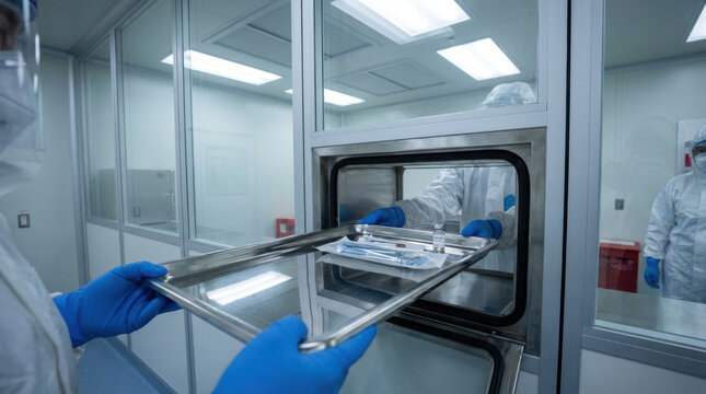 Sterile stainless steel tray with medical instruments passed through cleanroom passbox by gloved technician, clinical setting, precise cautious