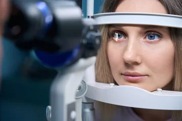 Young woman is diagnosed with eye pressure on special ophthalmological equipment © Viacheslav Yakobchuk