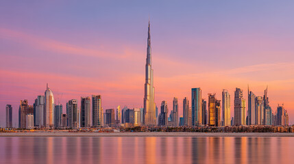 Obraz premium Sunset city skyline with tall modern skyscraper and calm water reflection