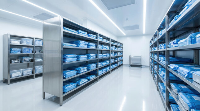 Sterile storage room with stainless steel shelving and blue wrapped medical supplies neatly organized, clinical bright clean environment with cart