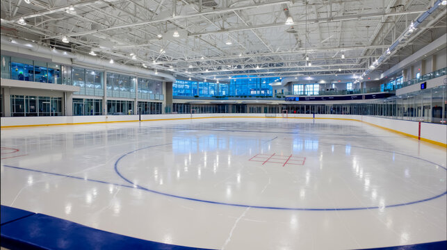 An indoor ice rink with a blue and white color scheme featuring a large circular area for skating surrounded by a wall with a red and white pattern and a glass wall in the background