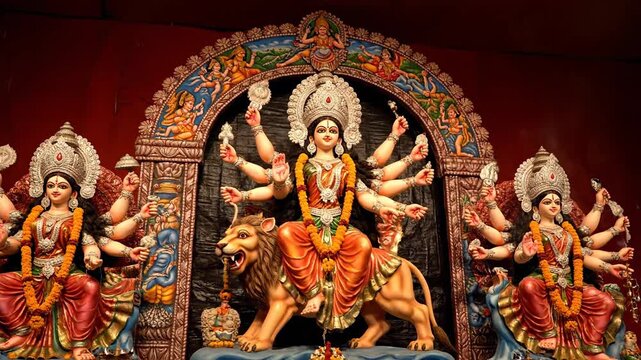 Idols of Goddess Durga and Her Family During Durga Puja Festival