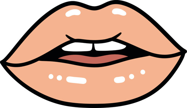 Vector illustration of sensual cartoon lips biting with glossy shine, isolated on white background