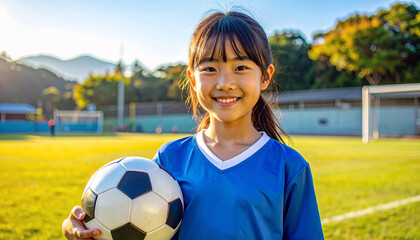 サッカーボールを持つ可愛い笑顔の少女