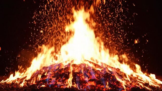 burning bonfire flames at night, orange fire sparks