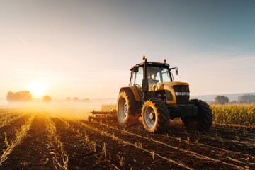 Obraz premium Tractor Plowing Cornfield at Sunrise with Gentle Light in Rural Landscape