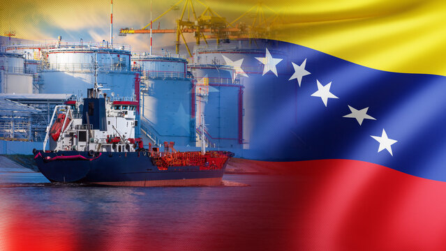 Energy export, Oil industry. Tanker ship at petroleum terminal with Venezuela flag overlay, representing crude oil shipment, fuel trade, refinery operations and national economy.