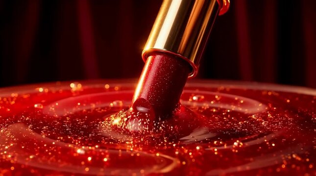 Red lipstick being applied with golden applicator surrounded by sparkles on a glossy red surface with a red curtain background