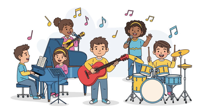 Children playing musical instruments together.