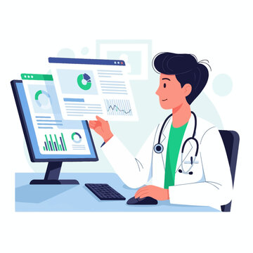 Doctor analyzing data on computer screen.