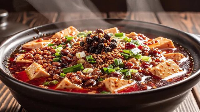 Authentic Spicy Mapo Tofu with Minced Pork and Sichuan Peppercorns in Clay Pot - Sizzling Traditional Chinese Cuisine