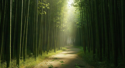 Obraz premium Pathway through dense bamboo grove with sunlight filter