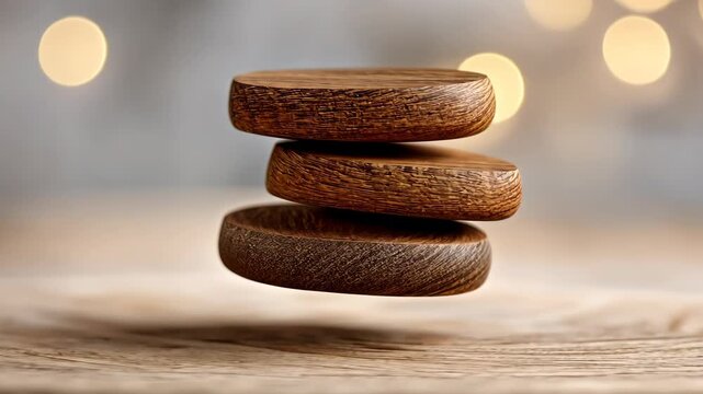 Stacked wooden discs suspended midair with bokeh background aesthetic
