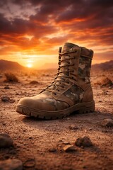 A lone camouflage combat boot stands in a barren desert landscape with a dramatic, fiery sunset.