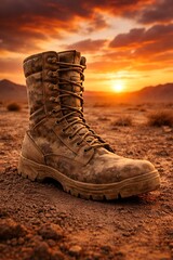 A lone camouflage combat boot stands in a barren desert landscape with a dramatic, fiery sunset.