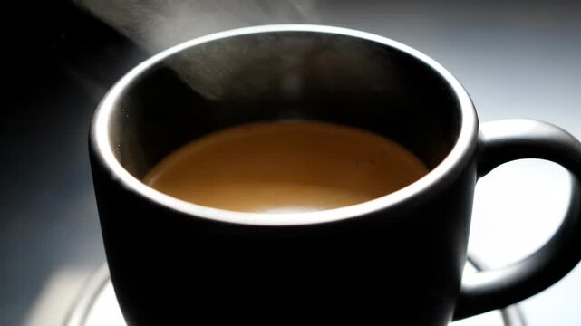 Steaming Coffee in a Black Mug.