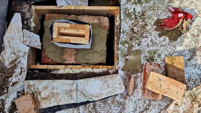 Chimney foundation under construction, involving mortar, bricks, and wooden formwork assembly, Masonry chimney foundation forming with concrete, bricks, and specialized tools,
