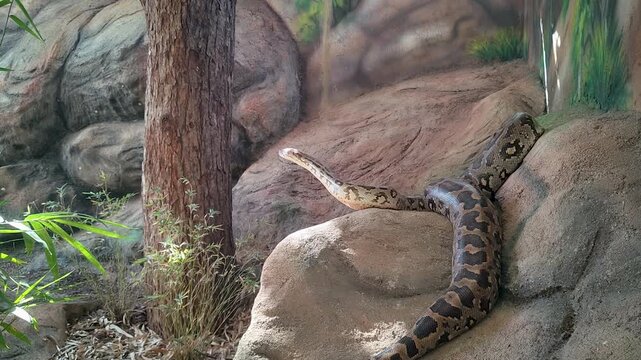 Indian rock python resting on rocky habitat in India, large wild snake in natural zoo environment, wildlife reptile close up.