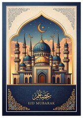 Illustrated mosque with crescent moon and star design for islamic celebration