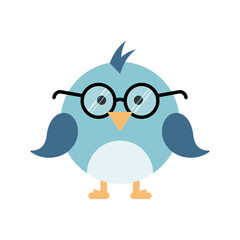 Fototapeta premium Cute cartoon blue bird wearing glasses, funny, smart, and adorable character illustration