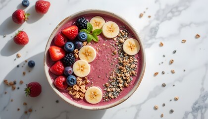 Fototapeta premium Colorful smoothie bowl with fresh berries, banana slices, chia seeds, granola topping, bright natural morning light, top-down flat lay, clean white marble table, vibrant colors