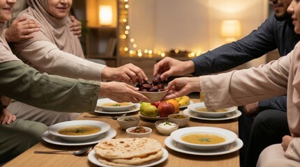 Muslim Family Iftar Gathering with Dates, Warm Home Atmosphere