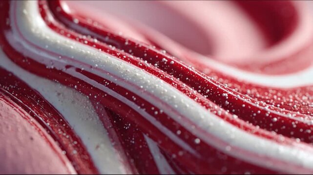 Macro shot of a red and white candy cane with a slight blur, glistening with tiny water droplets