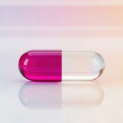 Single translucent capsule with magenta and clear halves on reflective surface with soft gradient background