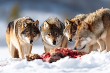 Obraz premium Pack of Wolves Surrounding Carcass in Snowy Terrain Under Bright Sunlight