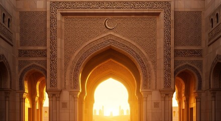 Islamic architecture archway with intricate details and warm sunlight