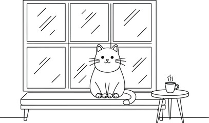 Cute cat sitting by window with steaming cup of coffee