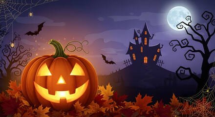 Fototapeta premium A spooky halloween scene with a glowing jack o' lantern