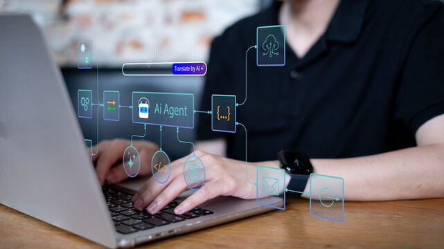 Person using AI agent workflow automation system technology innovation data analysis information network process algorithm dashboard application coding integration, business management concept