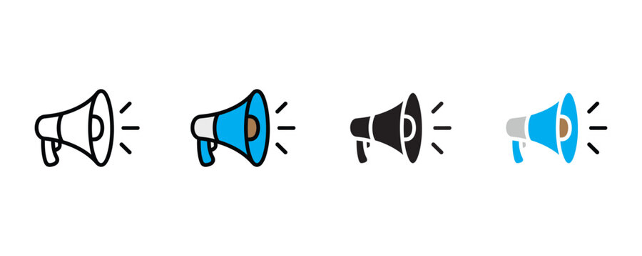 Handheld megaphone and bullhorn speaker icon vector. Portable voice amplifier for public announcement, protest, and emergency symbol set. Vector illustration.