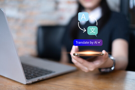 Person using artificial intelligence AI translation international language global digital app online chat communication futuristic technology system innovation support assistant concept